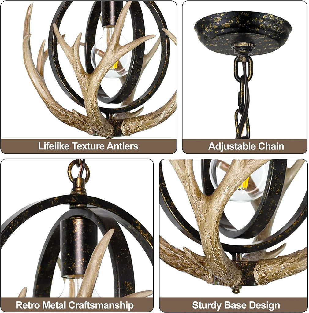 Rustic Antler Chandelier with Resin 4 Antlers and Retro Globe Light Fixture
