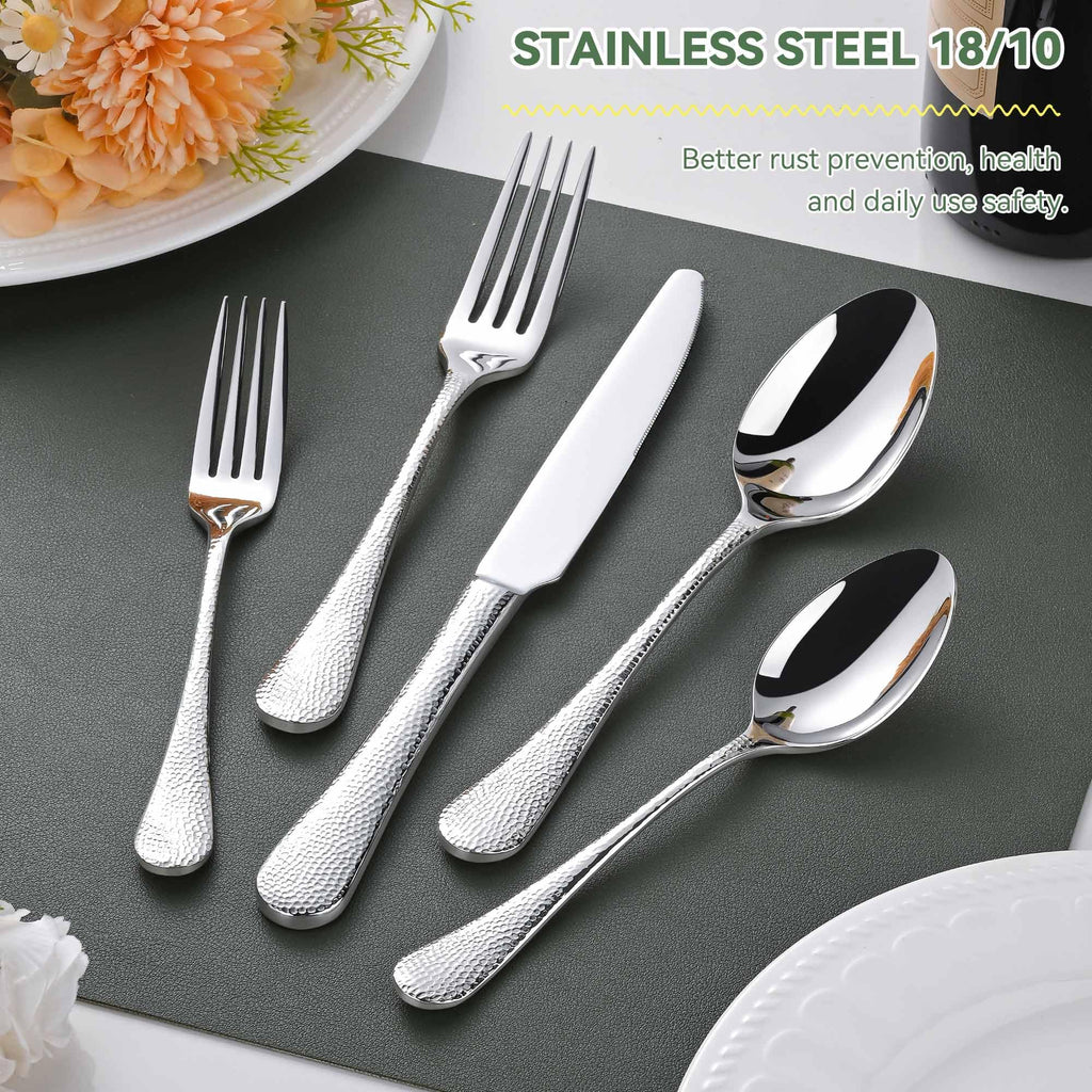 Heavy Hammered Silverware Set for 8, 40 PCS 18/10 Stainless Steel Flatware