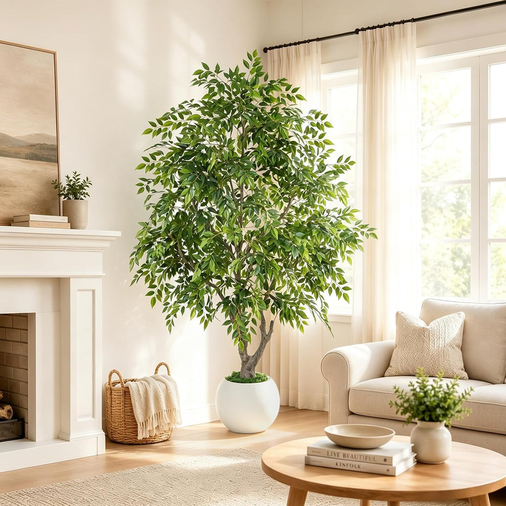 8ft Artificial Ficus Tree with Round White Planter for Indoor Decor