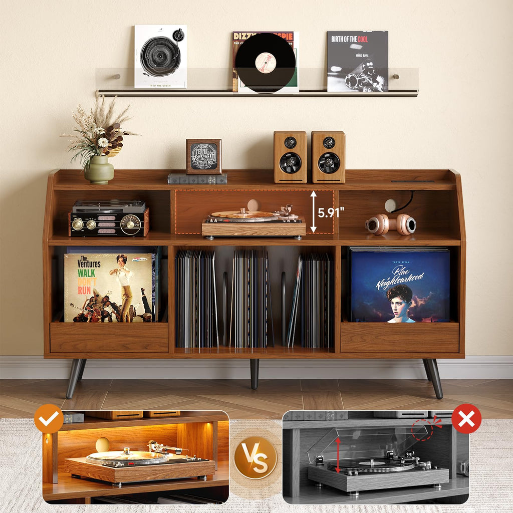 55 Inch Record Player Stand with LED Light, Walnut
