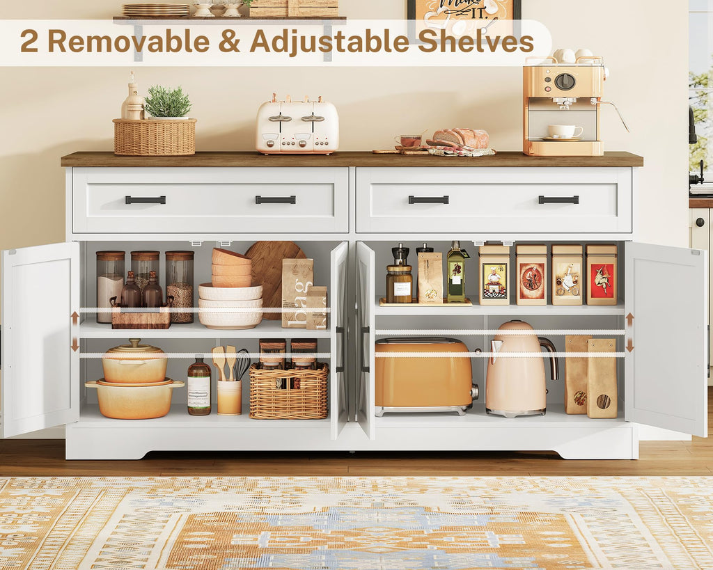 63" W Buffet Cabinet with Storage, Sideboard Cabinet with 2 Adjustable Shelves and 4 Doors, Modern Farmhouse Coffee