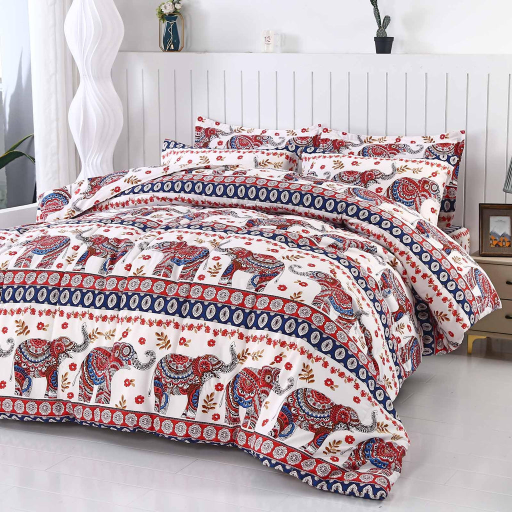 Boho Elephant Comforter Set Full Size, 7-Piece Bed in a Bag
