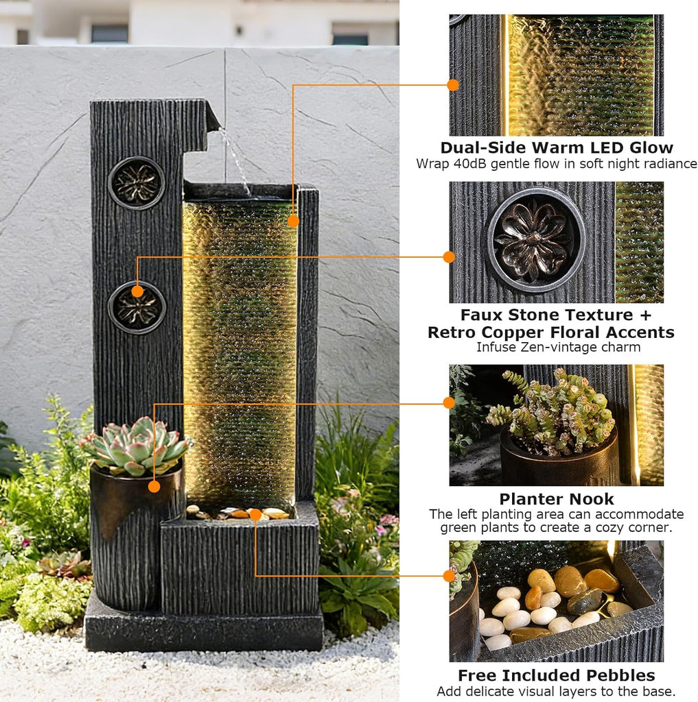 37’’ Tall Waterfall Fountain Indoor Modern Outdoor Water Fountains with LED Light,Vertical Striped Texture Floor