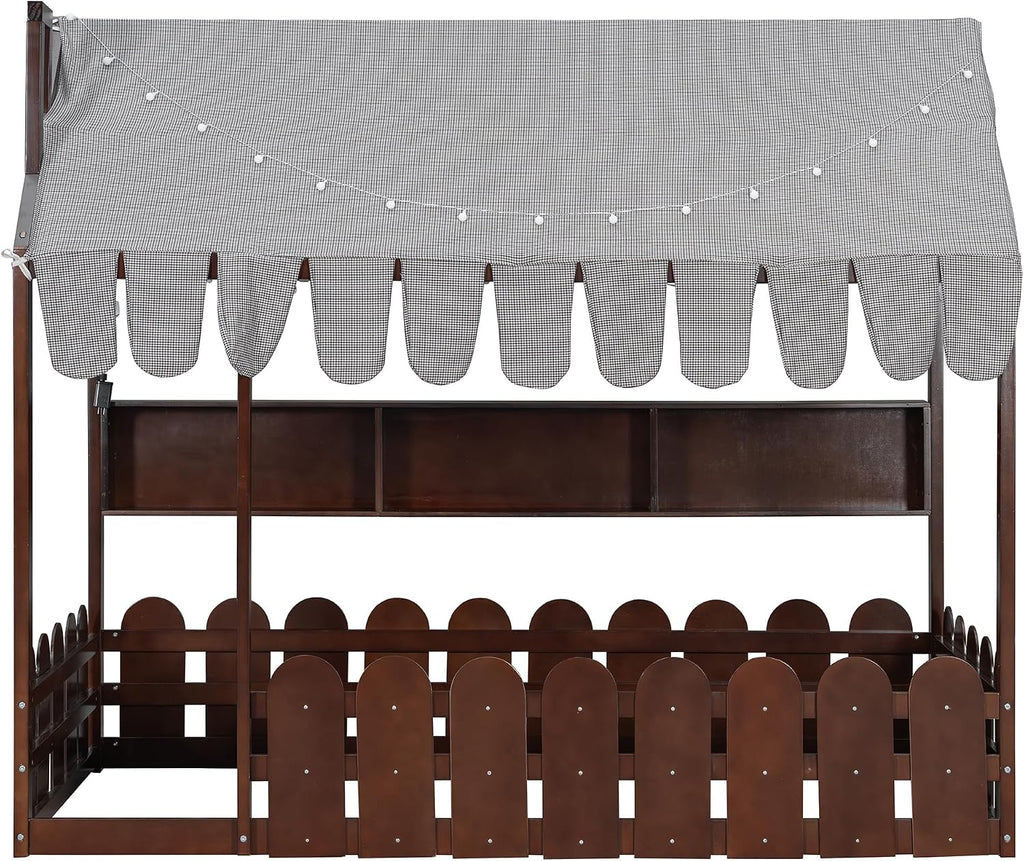 Kids Wood Floor House Bed with Fence and Storge Shelves
