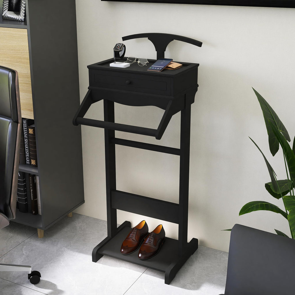 Suit Valet Stand for Men, Wooden Clothes Rack with Drawer & Coat Hanger
