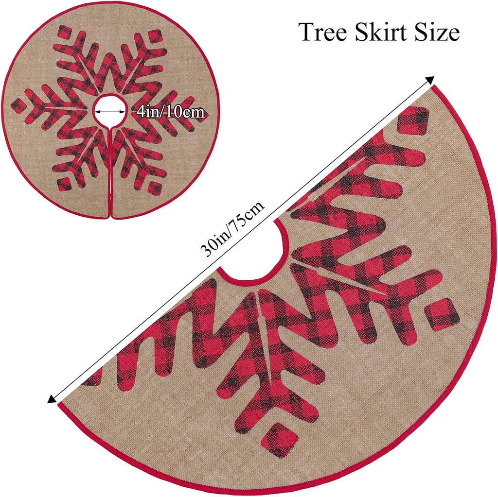 Christmas Tree Skirt, 30 Inch Rustic Burlap Tree Skirt with Large Black and Red Plaid Snowflake Printed Christmas