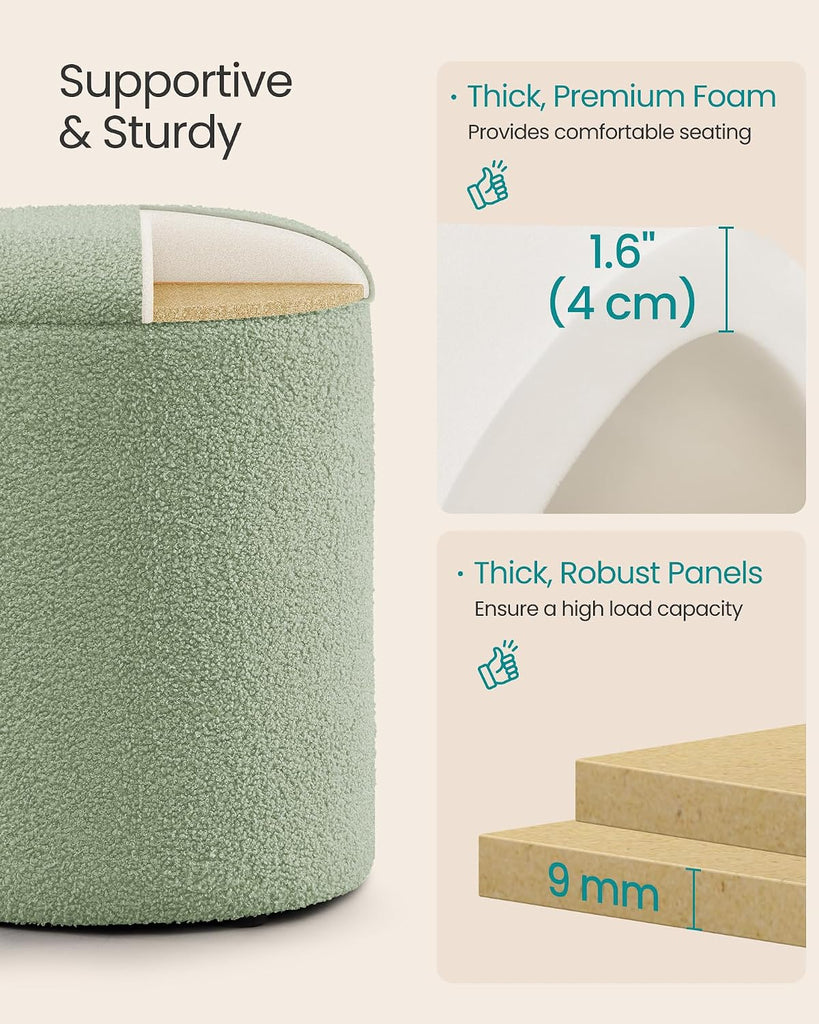 Vanity Stool, Set of 2, Round Storage Ottoman, Teddy Fleece | Small Coffee Table, Removable Lid, Easy Assembly