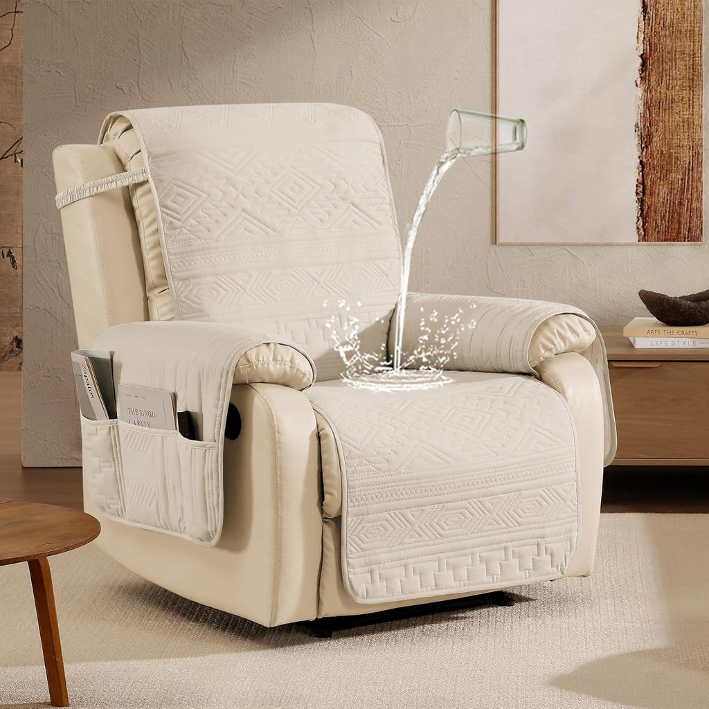 Boho Beige Quilted Recliner Covers, Water-Repellent Recliner Slipcovers, Lazy Boy Chair Covers, Pet Friendly Recliner