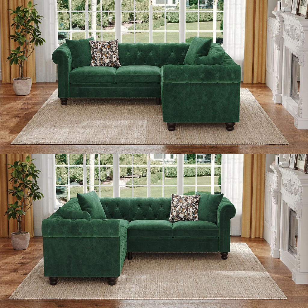Velvet Chesterfield Sofa, L-Shaped Sectional Sofa with Tufted Back