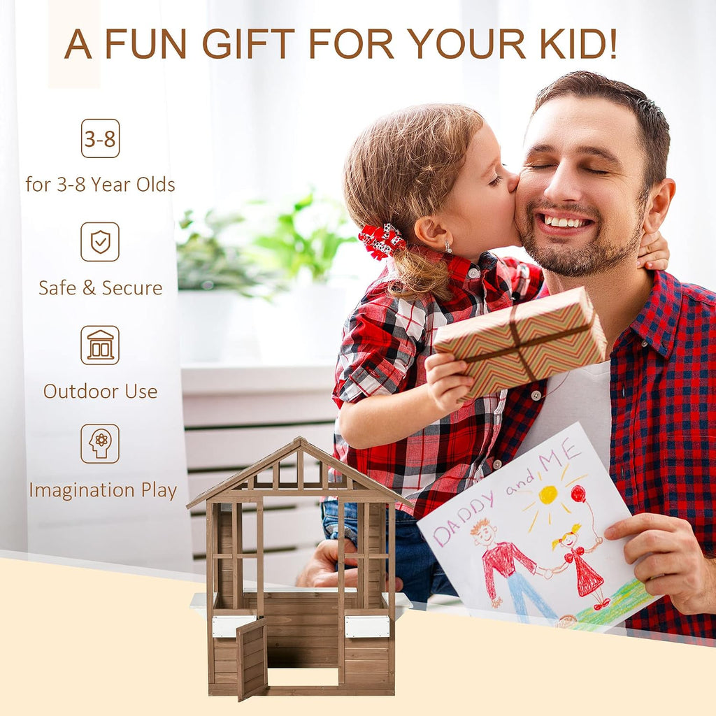 Outdoor Playhouse Wooden Kids Playhouse with Working Door Brown | Windows, Kids Cottage, Flowers Pot Holder, Backyard