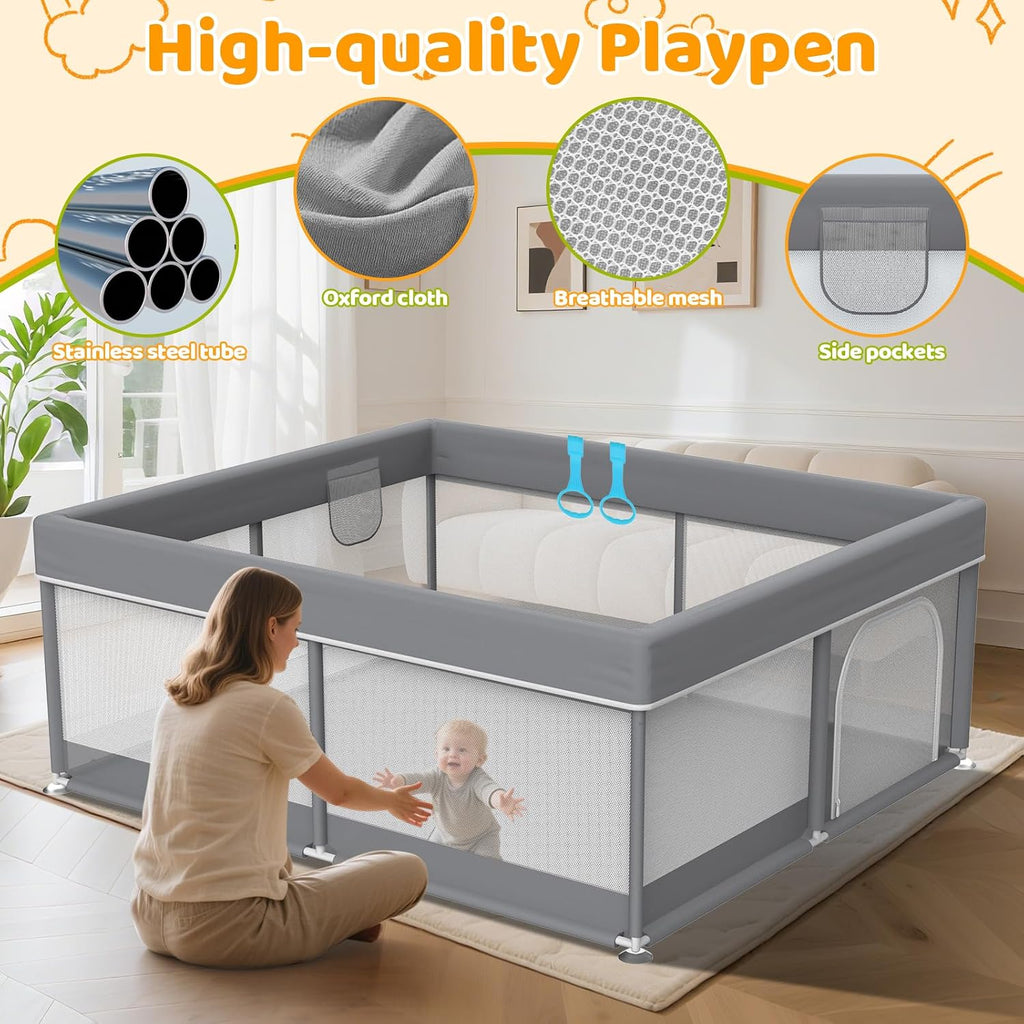 Baby Playpen 50"x50" for Toddlers Play Yard with Pull Up Rings and Gate