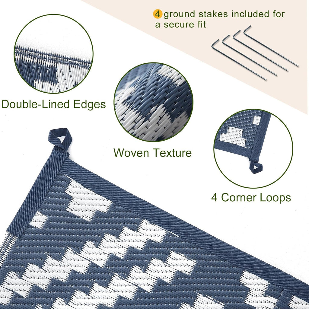 Outdoor Rug 9x12, Plastic Straw Rug, Navy & White
