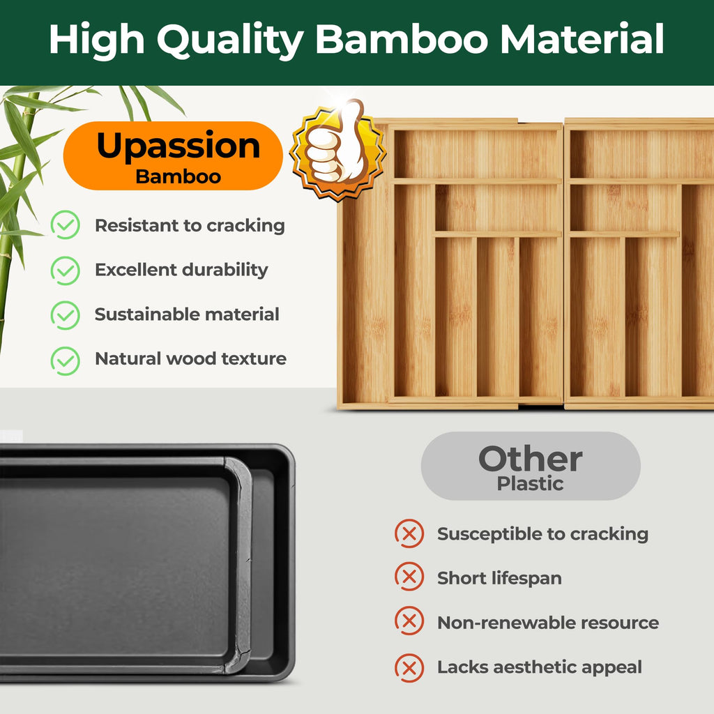 Large Silverware Organizer, 13 Slots Magnetic Connected Expandable Bamboo Utensil Drawer Organizer From 21 to 37.4