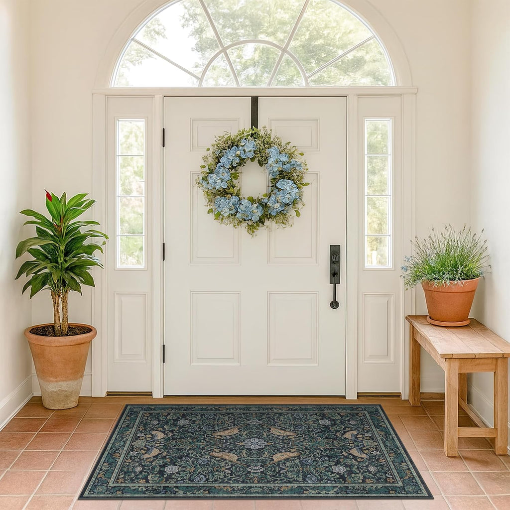 Vintage Large Entryway Rugs Indoor, 3x5 Washable Blue and Green Floral Rugs