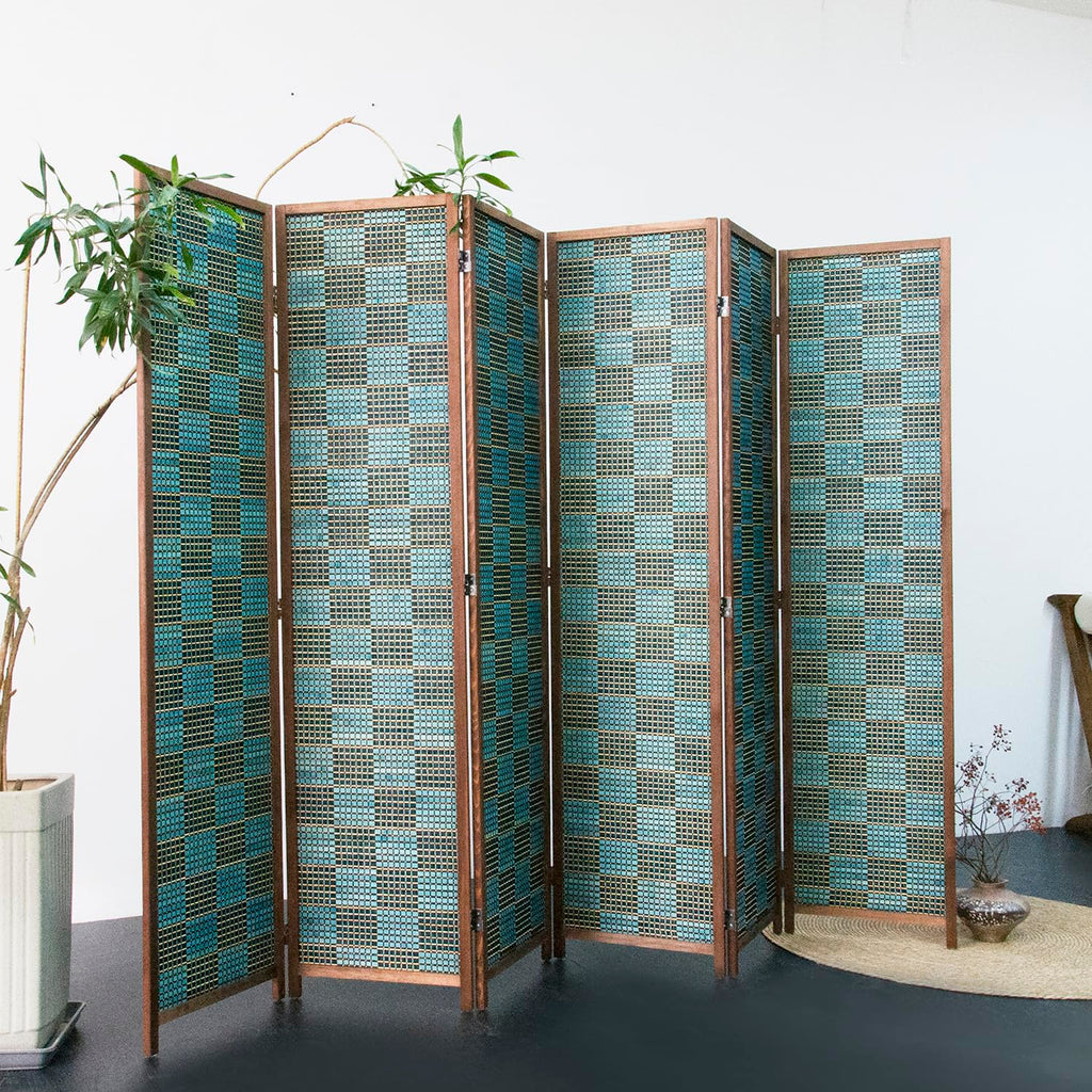 6 Panel Room Divider Screen and Folding Panel Screen, Double Sided Bamboo Divider for Room Separation, Blue Square, 67"