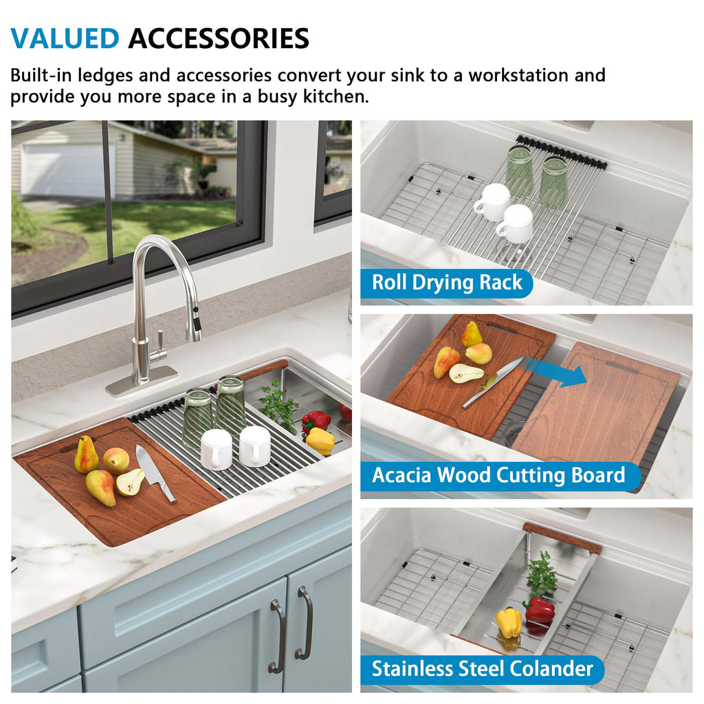 33"x19" White Undermount Sink Ledge Workstaion