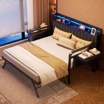 Daybed with Trundle and LED Light, Heavy Duty Metal Twin Bed Frame with Upholstered Storage Headboard & Charging