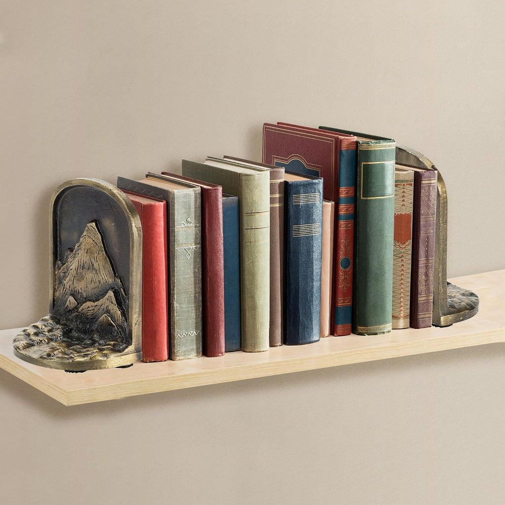 Cast Iron Mountain Bookends Set, Antique Brass Book Ends, 2 Decorative Book Holders for Shelves or Bookcase, Stylish