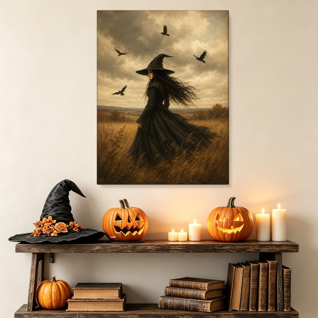 Halloween Canvas Wall Art, Retro Witch with Flying Crows Canvas Prints