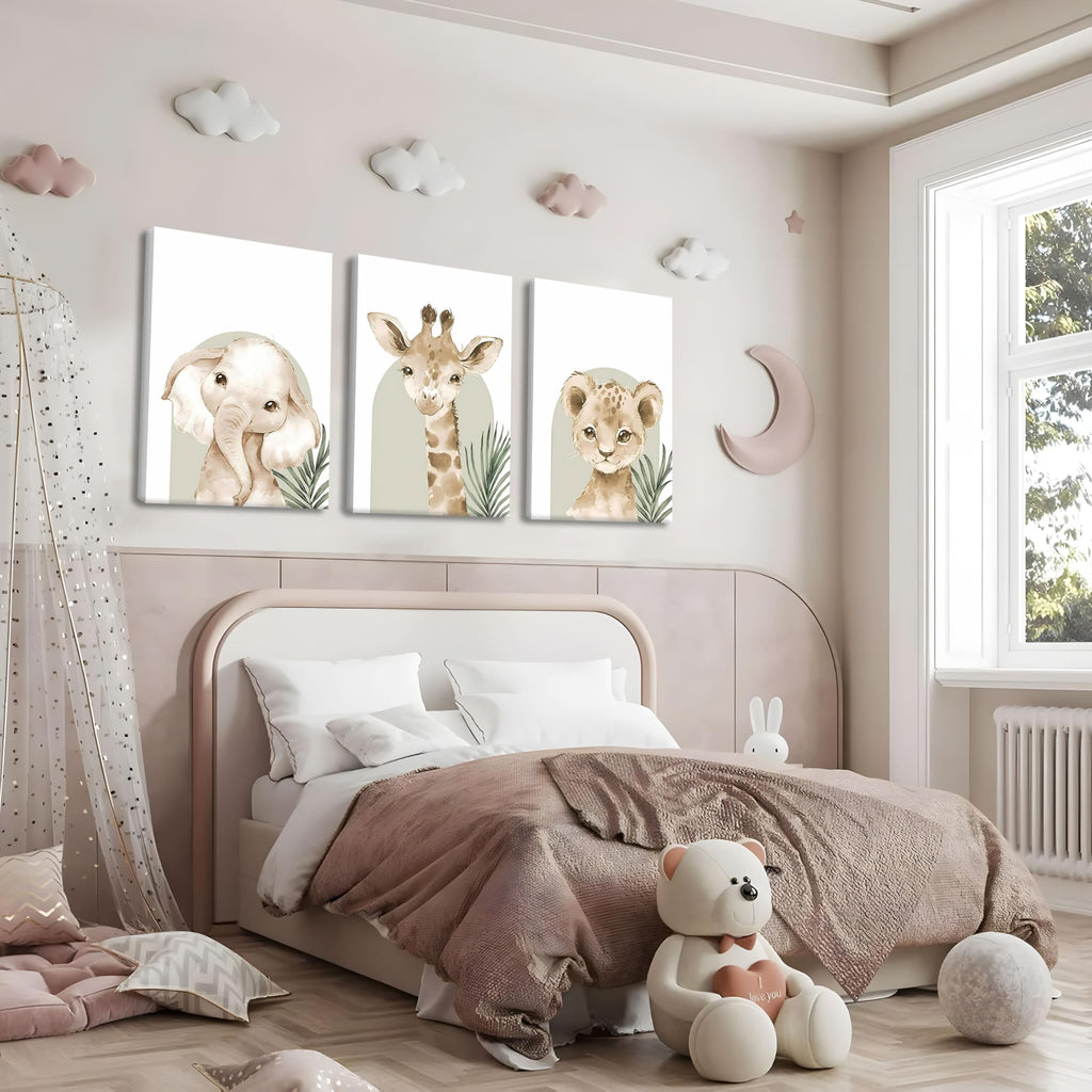 Nursery Wall Decor Set of 3, Cute Animal Lion Elephant Baby Pictures Poster Prints, Giraffe Jungle Canvas Wall Art
