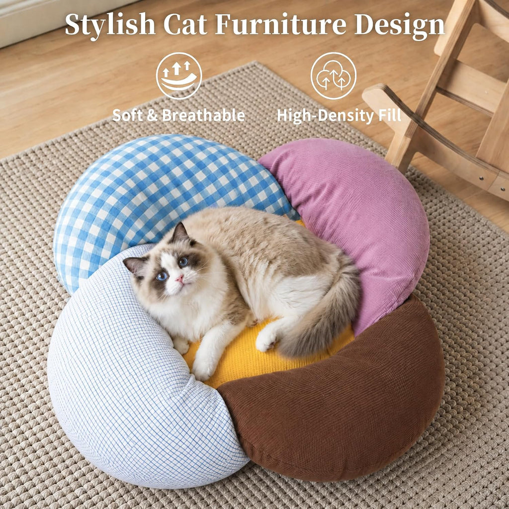 Elevated Cat Bed Wooden, Cat Couch Fluffy, Cat Sofa Flower for Indoor Cats, Raised Cat Bed with Washable Fluffy