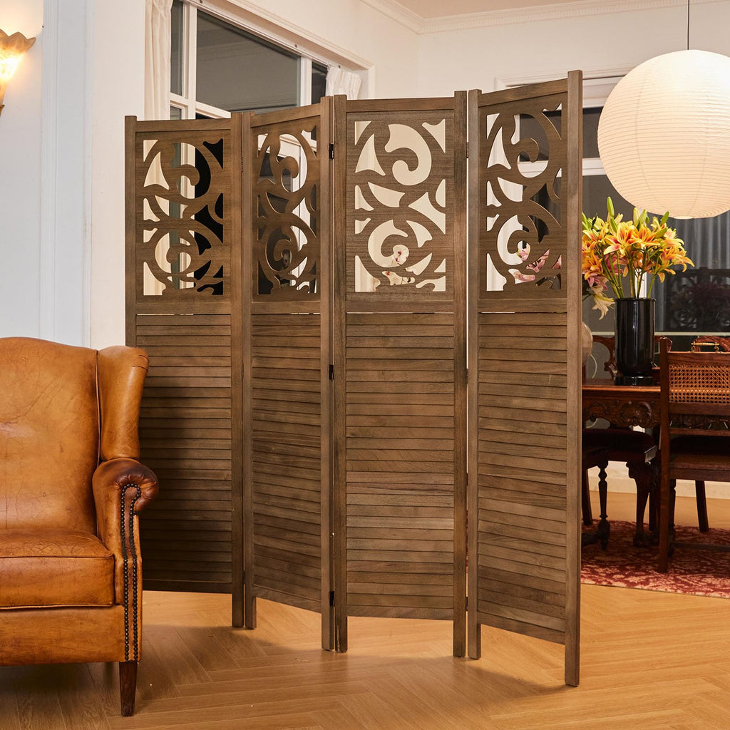Folding Room Divider, 5.6Ft 4 Panels Wood Carved Privacy Screens, Free Assembled Freestanding Portable Reversible