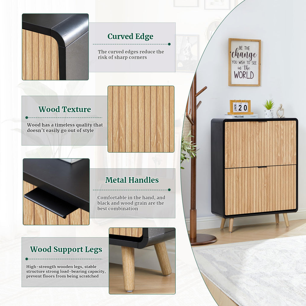 Narrow Shoe Cabinet Storage, Slim Shoe Cabinet with 2 Flip Drawers, Fluted Shoes Rack Organizer (Natural with Black