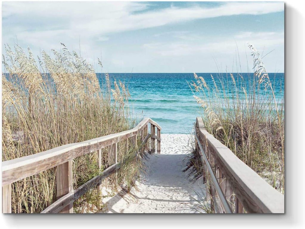 Beach Artwork Seascape Wall Art: Seaside Painting Fence Pathway Picture Print on Wrapped Canvas (24''W x 18''H