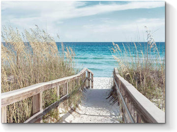 Beach Artwork Seascape Wall Art: Seaside Painting Fence Pathway Picture Print on Wrapped Canvas (24''W x 18''H