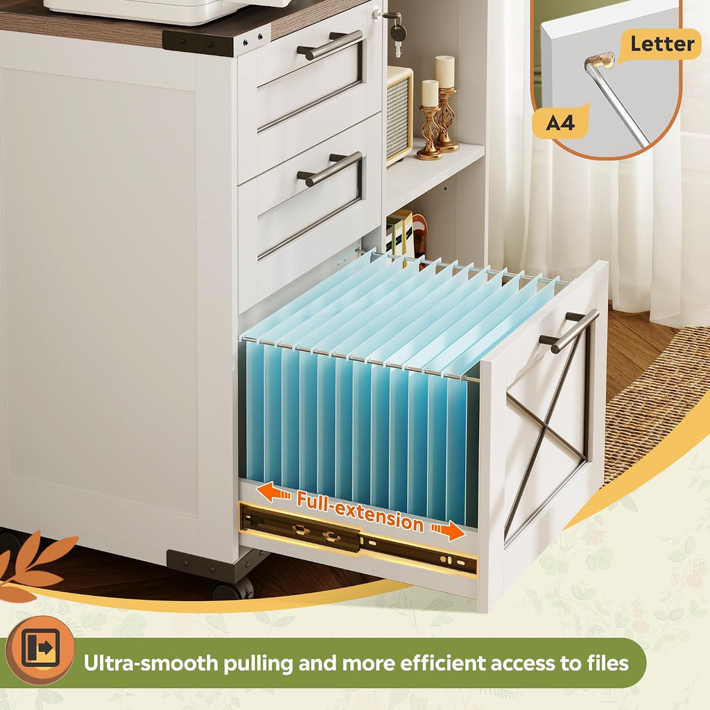 Wood File Cabinet with Charging Station,White | Mobile Lateral Filing Cabinet, Lock, Home Office, Printer Stand, Open