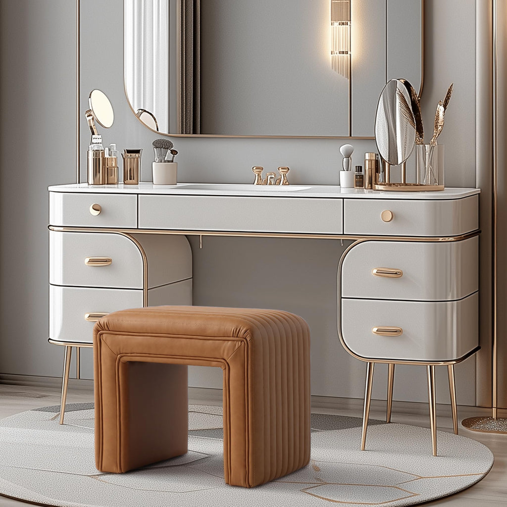 Vanity Stool Chair, Modern PU Leather Ottoman Foot Stool with Wooden Legs Sofa Bench Footstool Extra Seat for