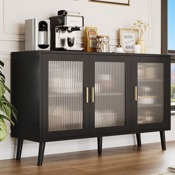 Buffet Cabinet with Storage, 48" Large Sideboard Cabinet with 3 Fluted Glass Doors, Black Cabinet, Dinning Room