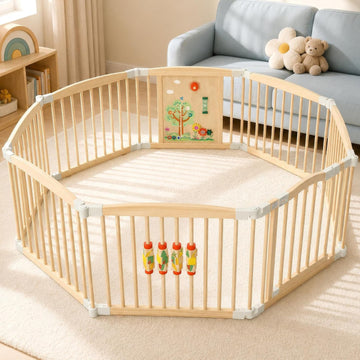 Wooden Baby Playpen, 60"×60"×25" 8-Panel Foldable Wood Play Yard with 2 Montessori Toys for Toddlers, Adjustable