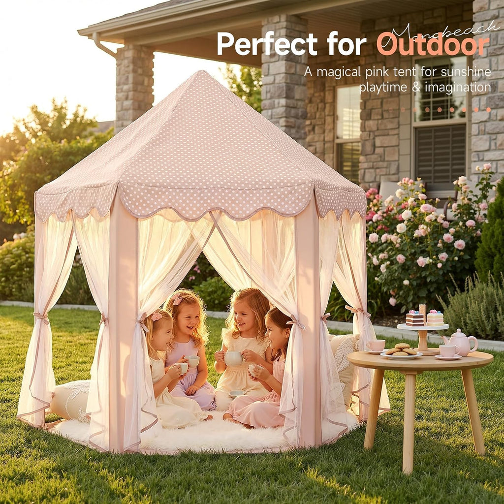 Princess Play Tent for Girls: Brown Large Kids Castle Playhouse with Mesh Curtains & Star Lights - Indoor Outdoor