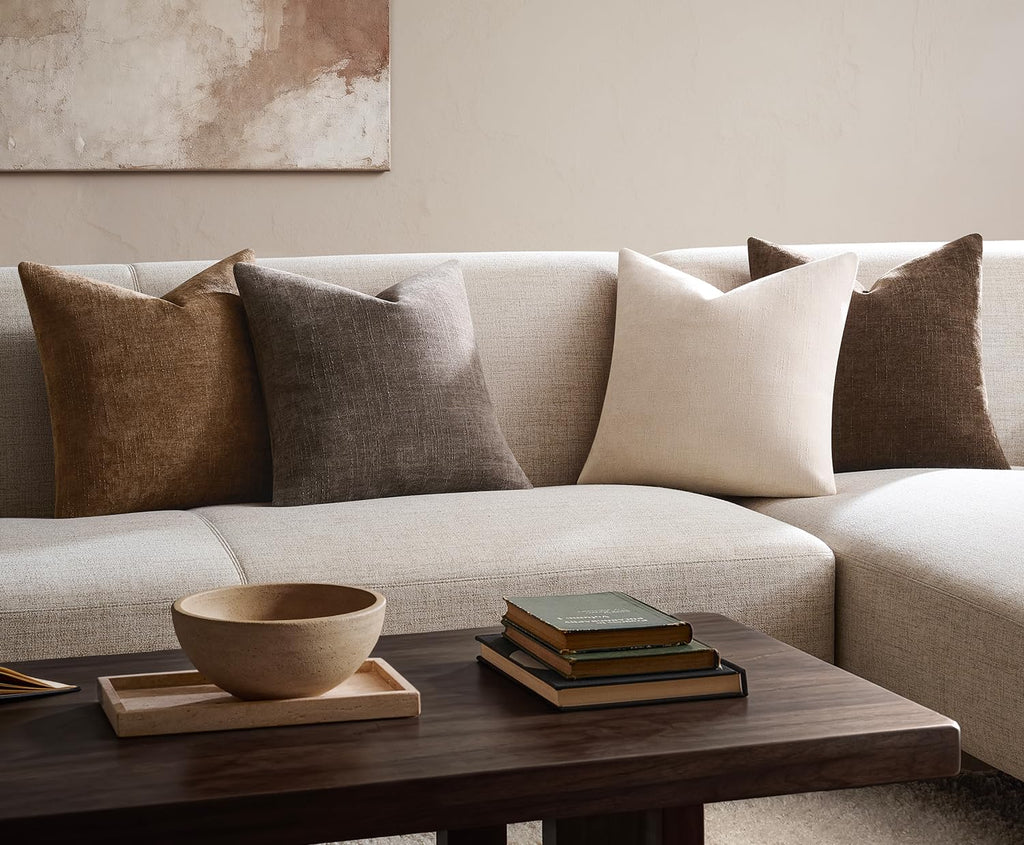 Pack of 4 Throw Pillow Covers 18x18 Inch Chenille Textured Neutral Brown Soft Pillow Covers Solid Decorative