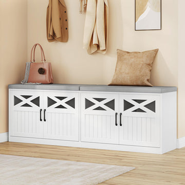 59" Shoe Storage Bench with 4 Barn Doors & Padded Seat Cushion