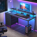 Computer Desk with 4 Drawers,4 Drawer Gaming Desk with with Power Outlets and LED Lights,Office Desk for Small Spaces