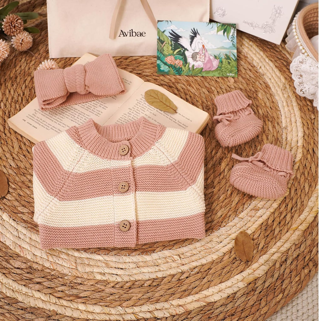 Knit Cotton Newborn Piece Set with Romper, Hat/Hair Band, Booties