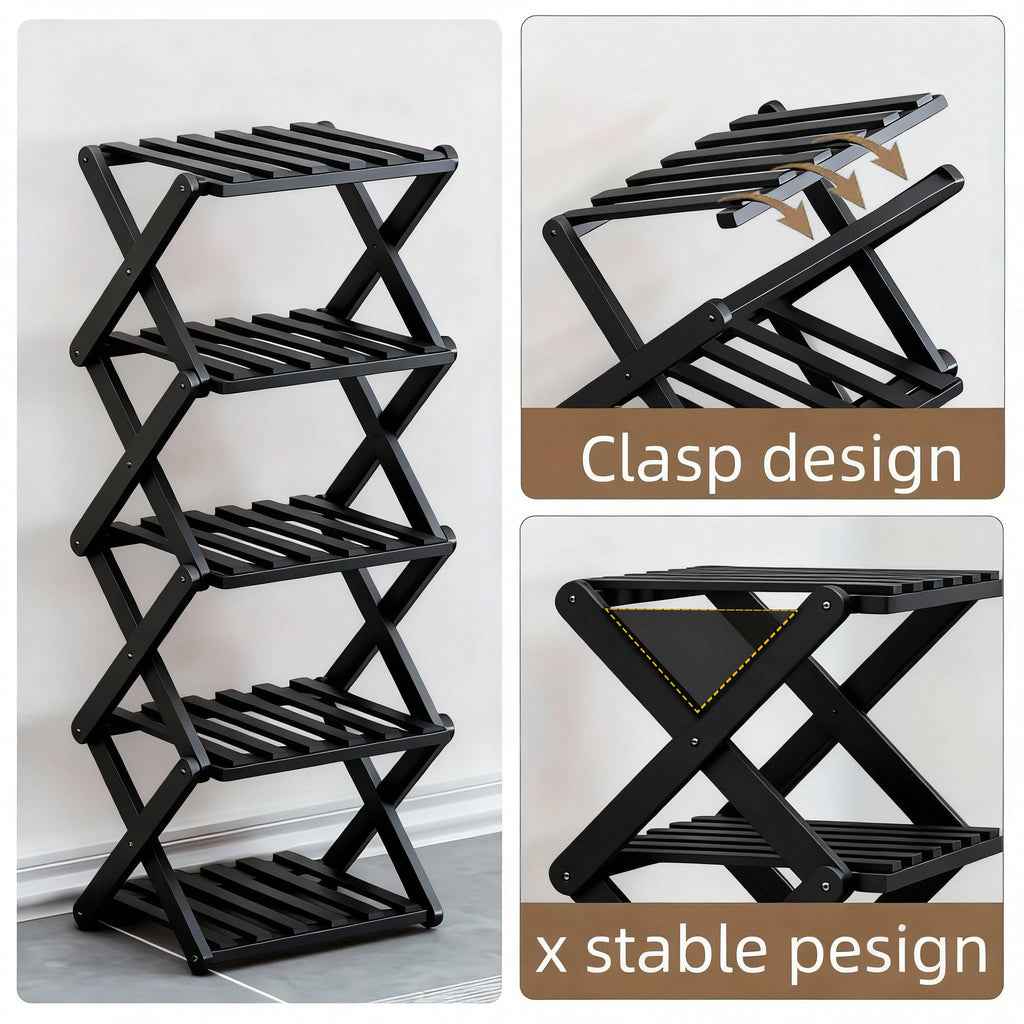 Vertical Black Shoe Rack Small, 5 Tier Portable Folding Shoe Storage Rack, Without Installation Free Standing Shoe