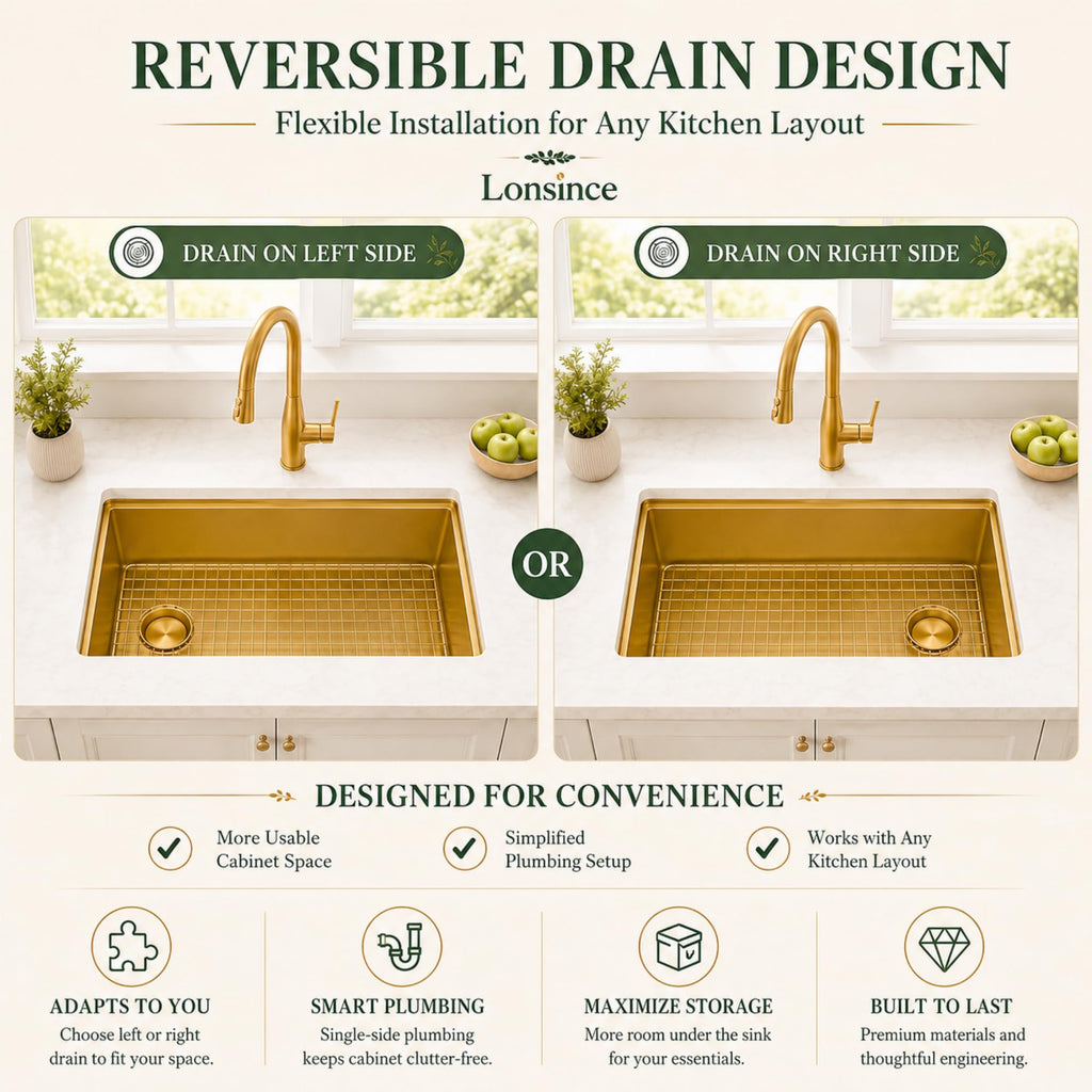 Gold Kitchen Sink Offset Drain, 30"X18" Undermount Single Bowl Sink