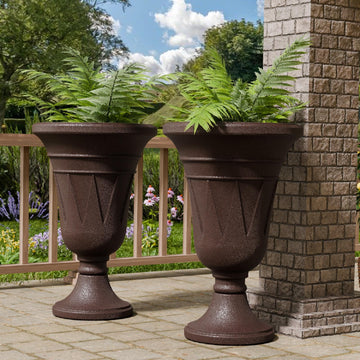Tall Plastic Urn Planters and Pedestal - 24" Outdoor Planter Brown
