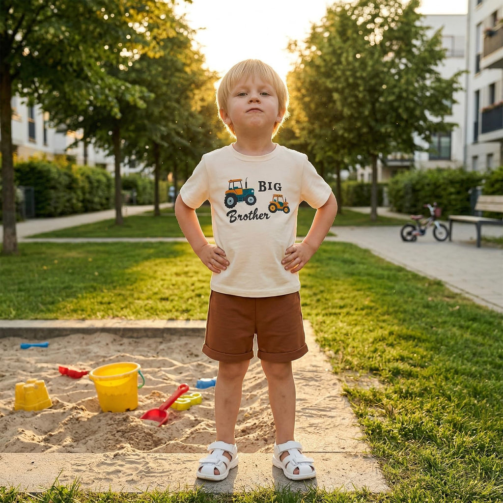 Toddler Boy Summer Clothes Big Brother Shirt Short Sleeve Letter Tractors Print Tops and Shorts Sets Summer Outfits