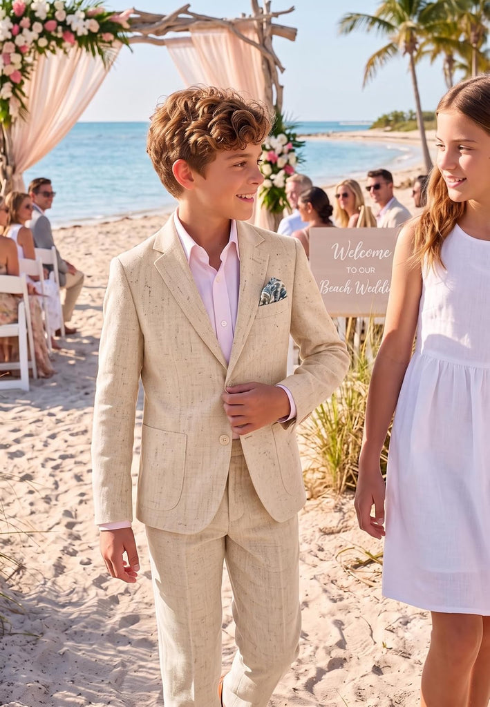 Boys Linen Suits for Boy Slim Fit 2 Piece Set Jacket Pants Wedding Outfit