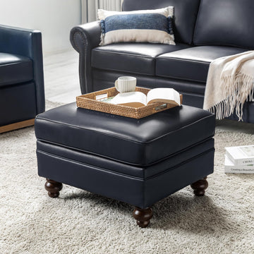 Genuine Leather Ottoman Coffee Table, Ottoman Foot Rest, Navy