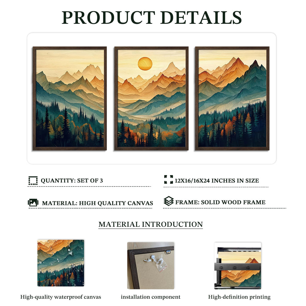 Mountain Wall Art Set of 3, Landscape Wall Decor, Teal Orange Forest Canvas Prints, Wood Framed Sunlit Peaks Picture
