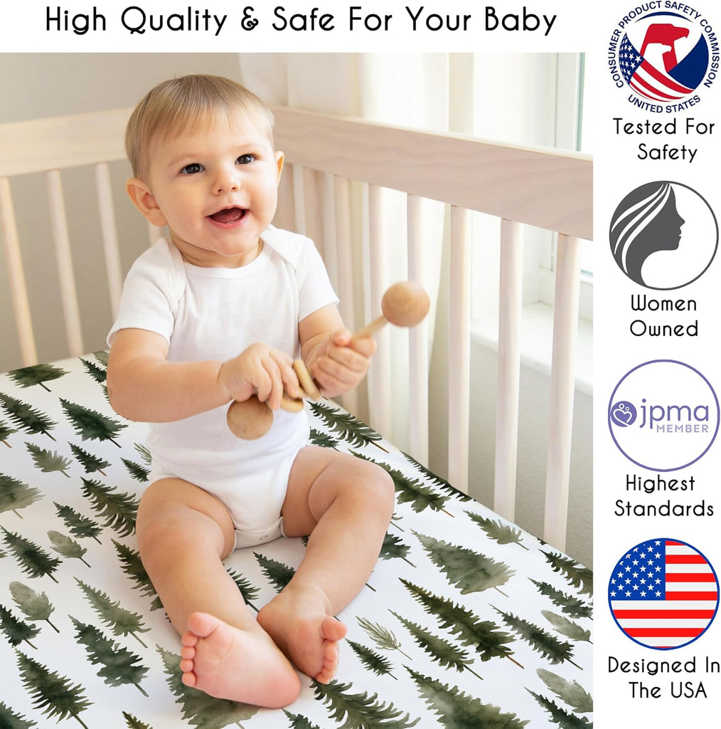 2-Piece Baby Crib Sheets Set (Green Woodland Tree) for Boys or Girls, Infant Nursery, Toddler Room - Standard Size