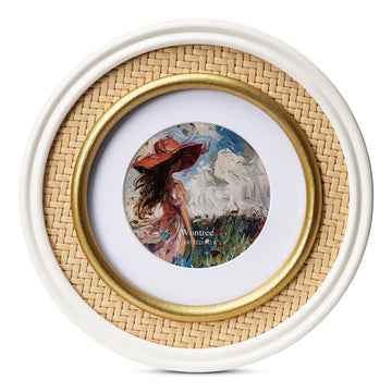 6x6 Round Rattan Picture Frame, Solid Wood with Real Glass, Display 6x6 Photos Matted to 4x4, Vertical for Tabletop