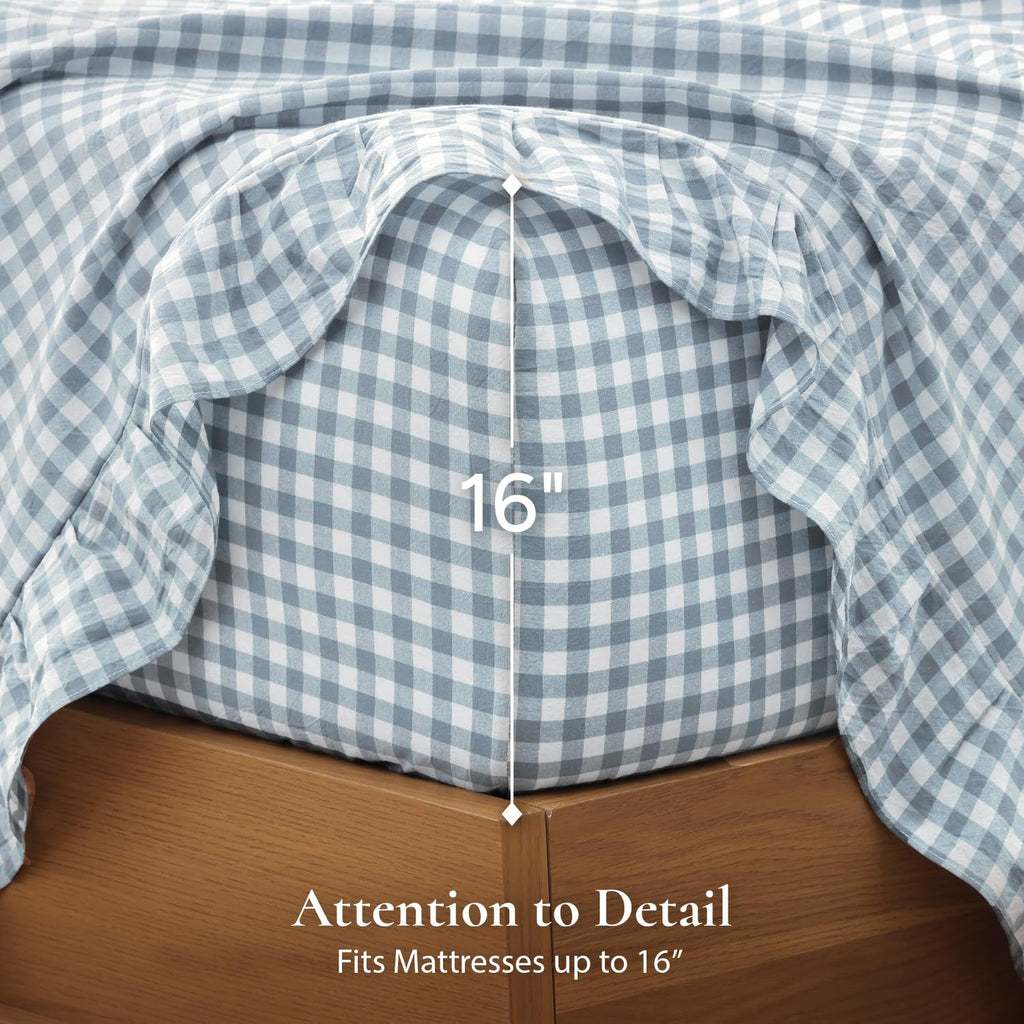 Blue Cotton Gingham Soft Breathable Sheets Set