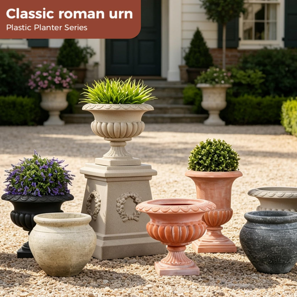 20" H Roman Urn Planter, Weathered Terracotta Finish Flowerpot (Plastic)