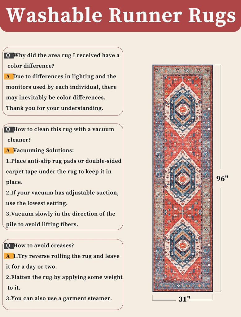Runner Rug for Hallways, 2'6"x8' Washable Non Slip Boho Kitchen Runner Rug, Vintage Rust Ultra Soft 